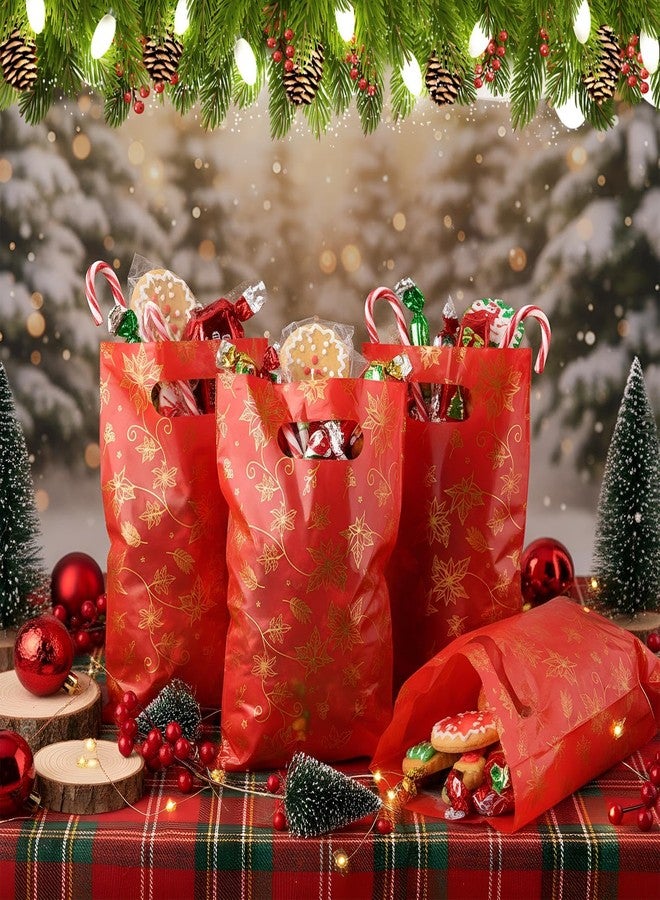 Capoda 100 Pcs Christmas Bags 10 x 7 Inch Xmas Poinsettia Treat Party Favor Candy Goodie Gift Plastic Handle Bags Bulk with Gold Floral for Merry Christmas Party Favor Supplies(Red) - Image 3